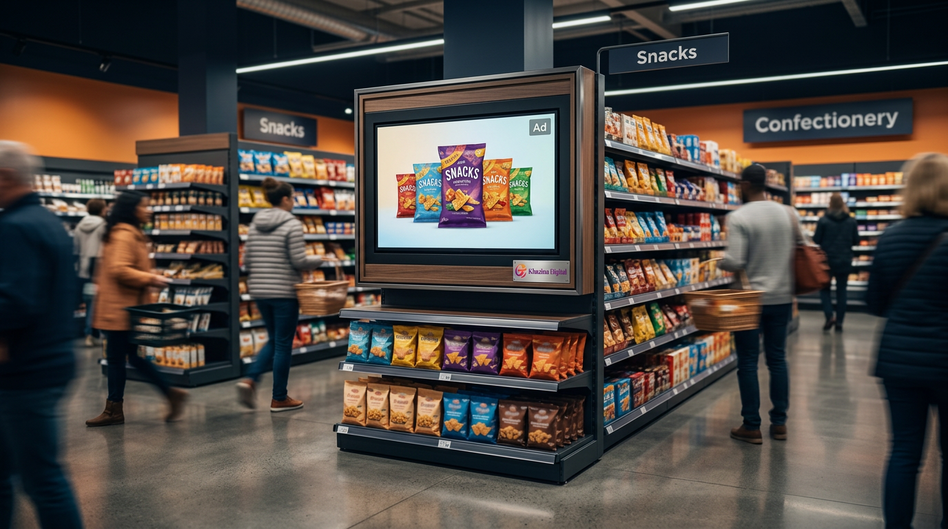Retail media network advertising screen in a UK supermarket, Khazina Digital