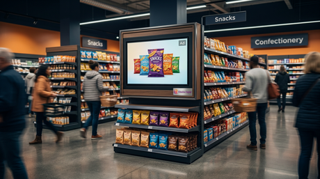 Retail media network advertising screen in a UK supermarket, Khazina Digital