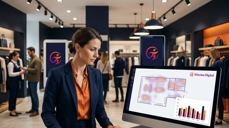 Retail media dashboard showing dwell-time heatmaps and conversion charts, Khazina Digital