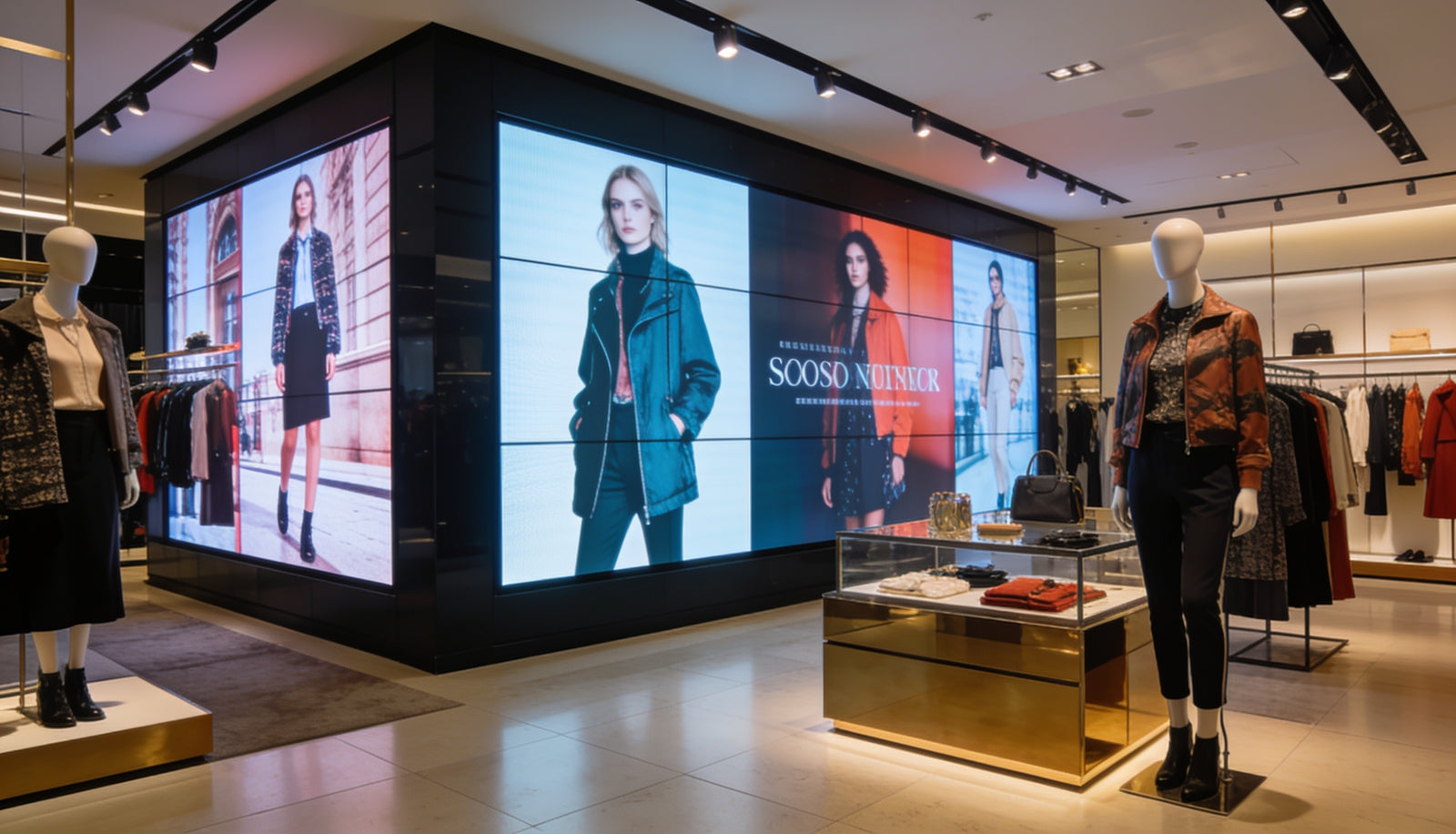 UK fashion clothing retail store with large digital video wall displays showing seasonal collections