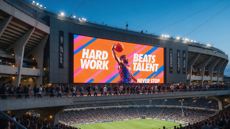 Large outdoor stadium concourse with a massive weatherproof LED video wall displaying a sports brand campaign