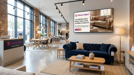 Furniture showroom with digital signage screen showing lifestyle room setting