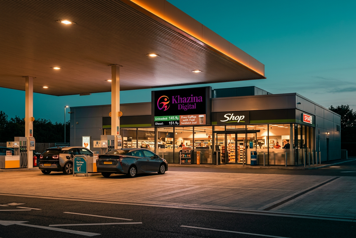 Digital signage screen above a UK petrol station forecourt at dusk