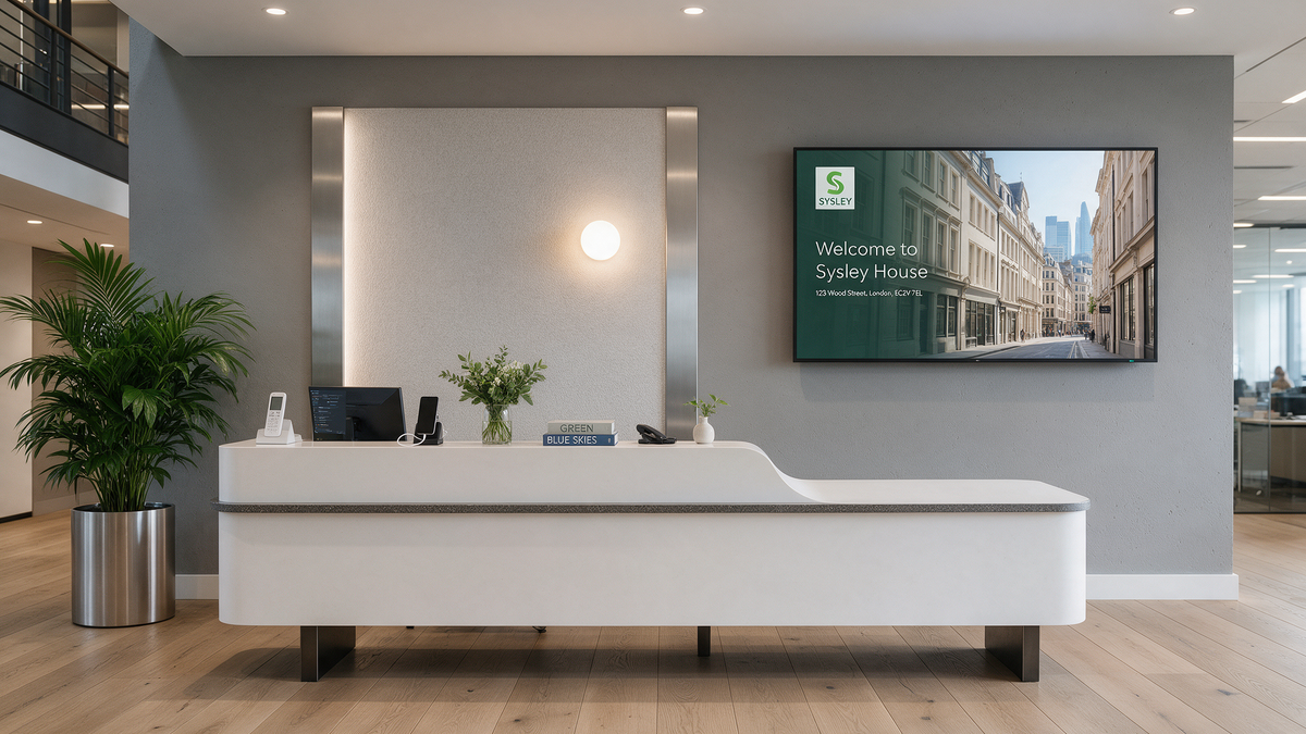 Modern UK corporate office reception with a large 4K display showing brand welcome content