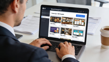 UK business manager remotely updating digital signage content multiple locations CMS dashboard KhazinaDigital