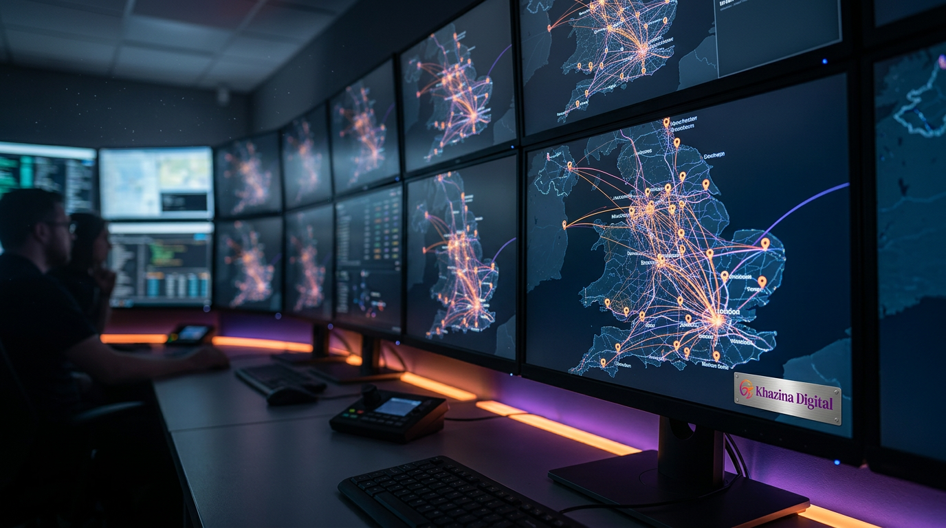 Network map showing real-time content delivery across UK retail store locations, Khazina Digital