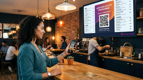 Customer scanning QR code on digital menu board to join loyalty programme, Khazina Digital
