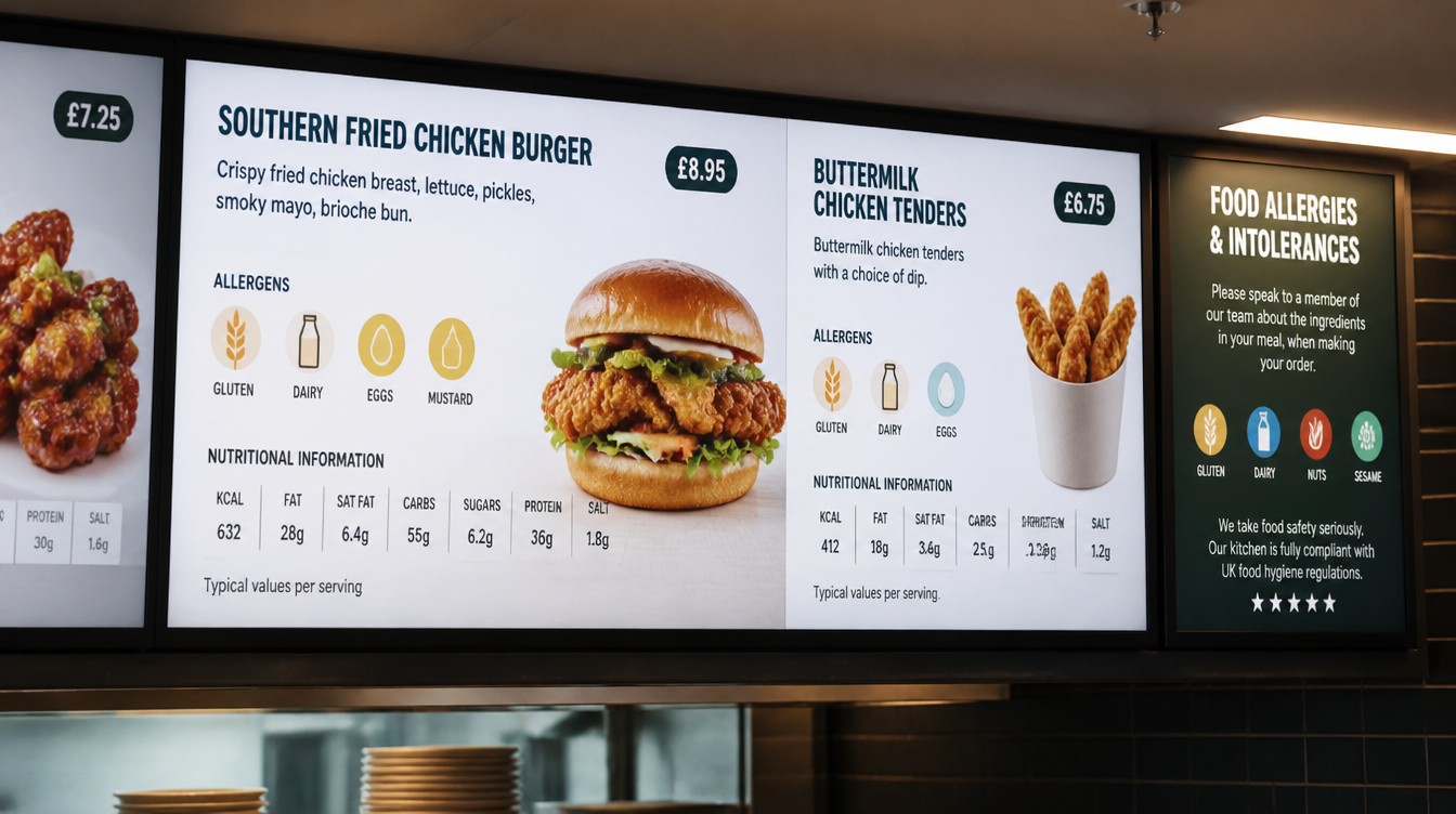 UK restaurant digital menu board displaying allergen nutritional information food safety compliance KhazinaDigital