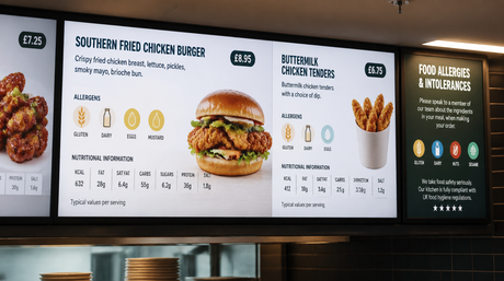 UK restaurant digital menu board displaying allergen nutritional information food safety compliance KhazinaDigital