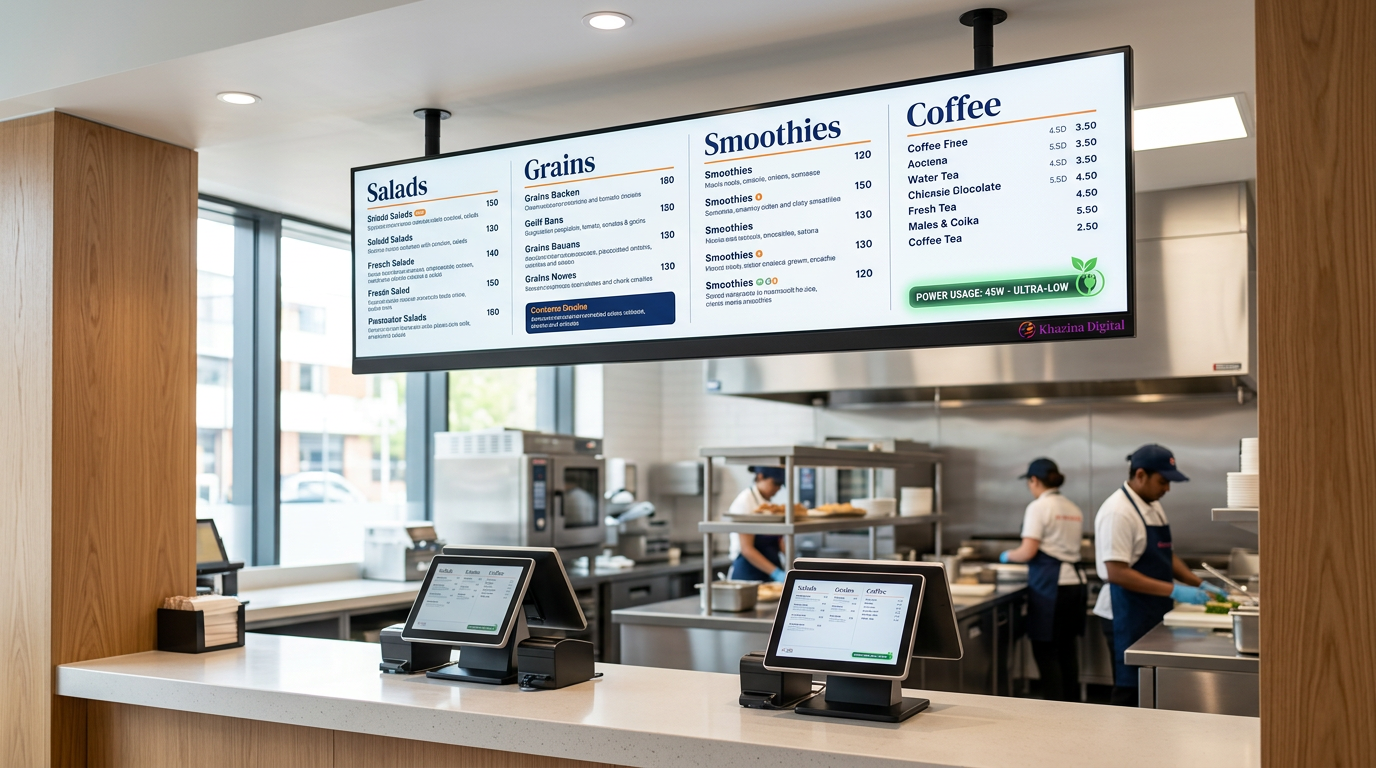Energy-efficient LED digital menu board above a UK quick-service restaurant counter, Khazina Digital