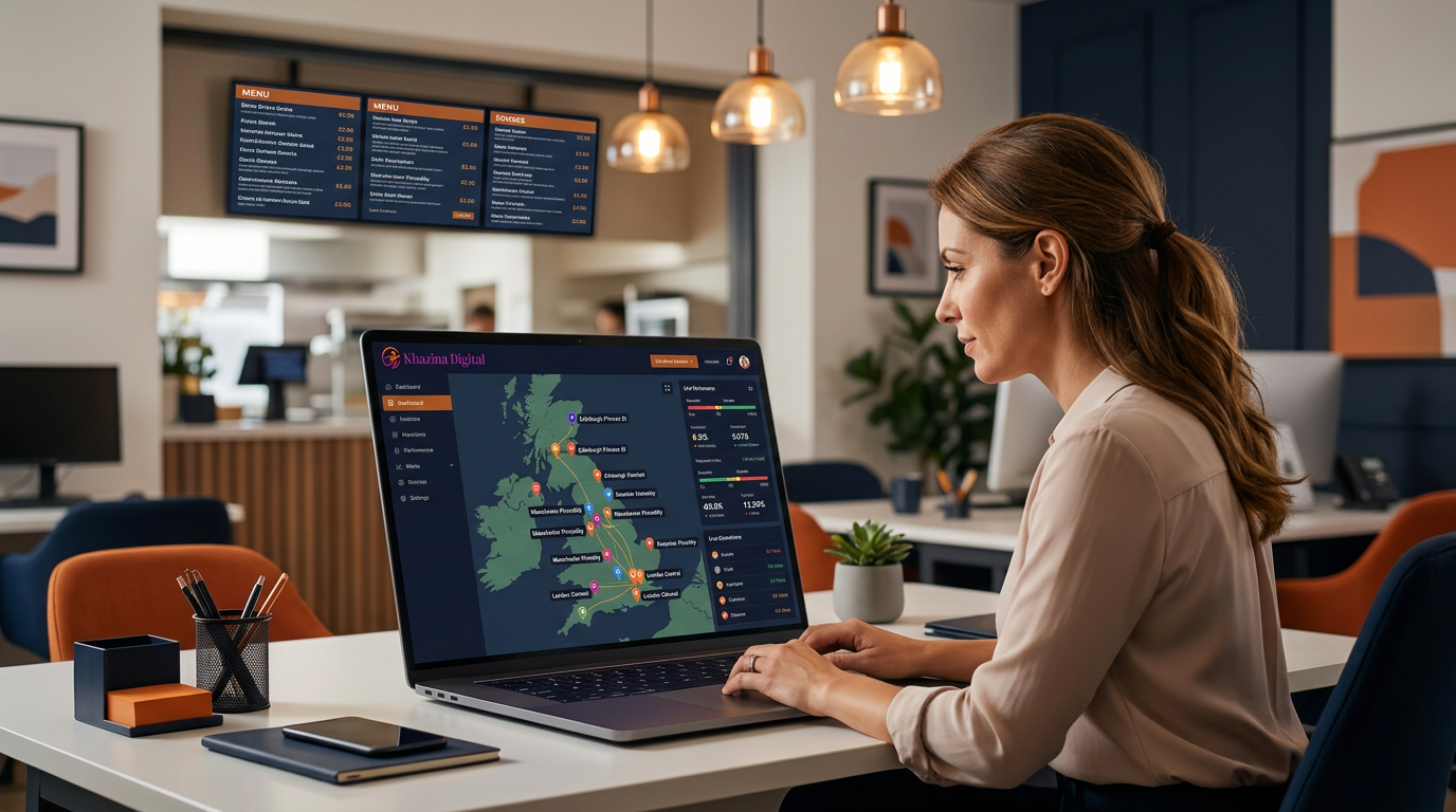 UK restaurant chain multi-location dashboard synced with digital menu boards, Khazina Digital