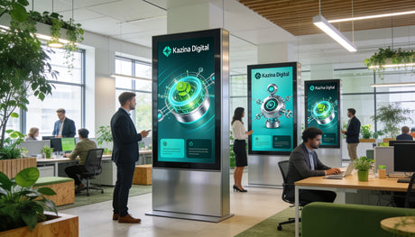 Khazina Digital professional office with commercial screens displaying vibrant animated content
