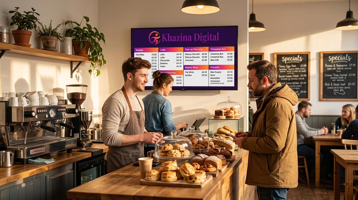 Coffee shop interior with digital signage screen showing menu