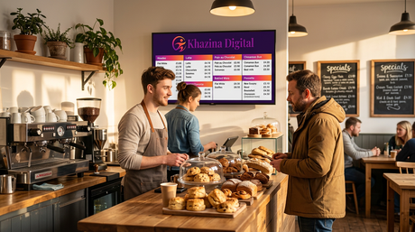 Coffee shop interior with digital signage screen showing menu
