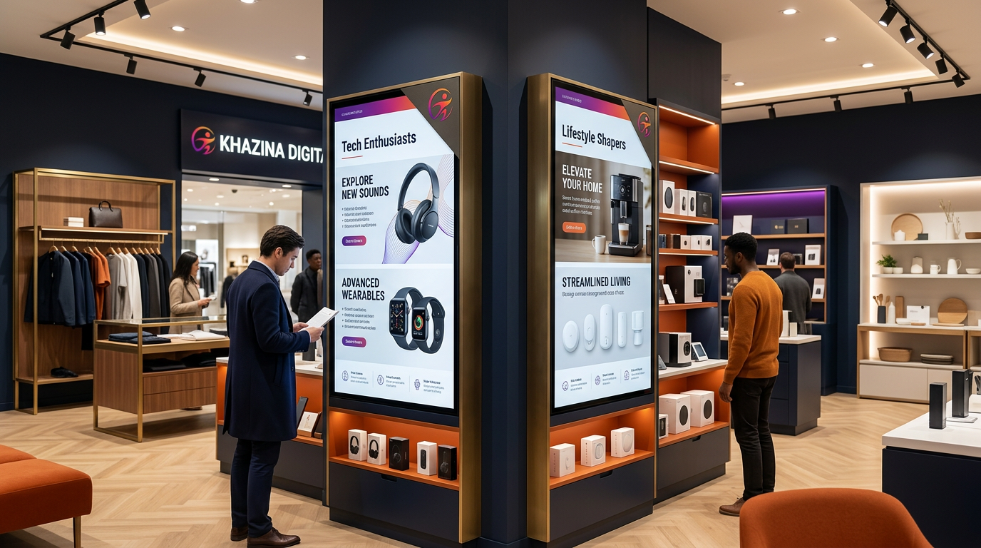 Two digital screens showing personalised targeted content in a UK retail store, Khazina Digital