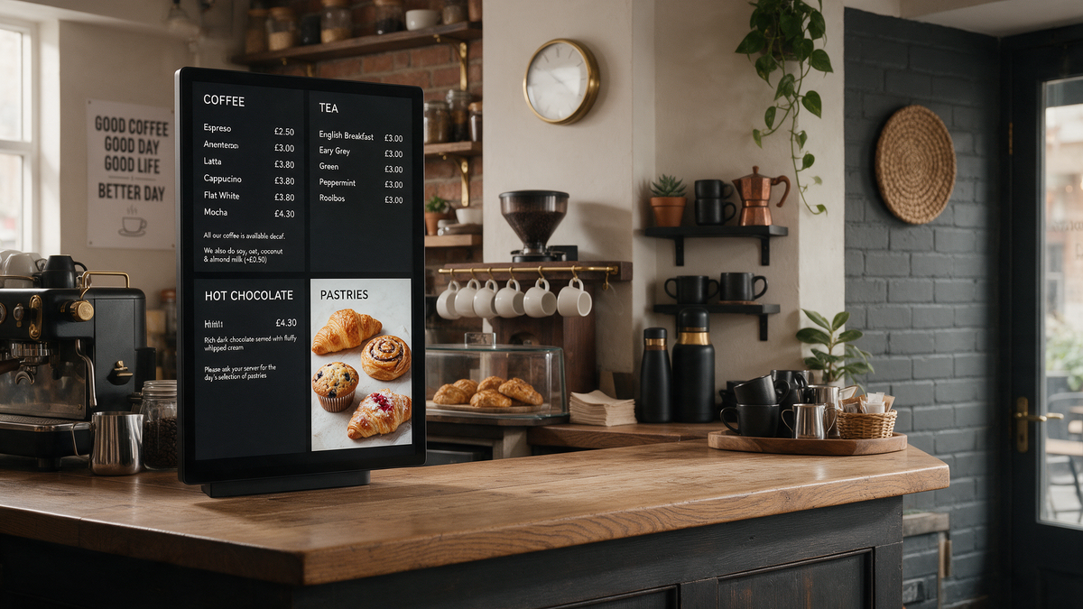 Cosy independent UK coffee shop counter with a stylish digital menu board