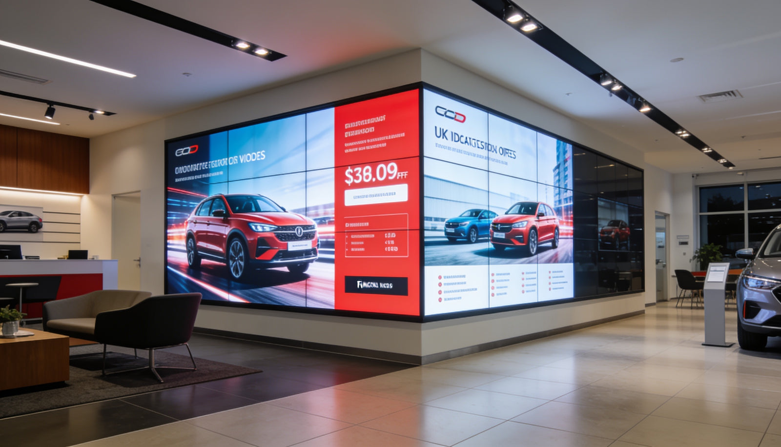 UK car dealership showroom with large digital displays showing vehicles and financing options