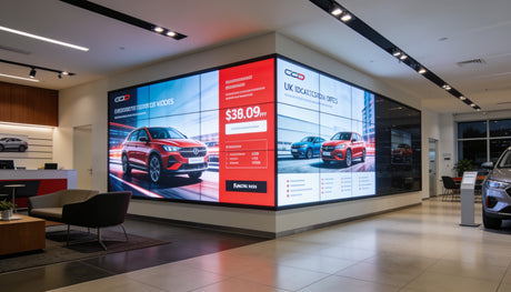 UK car dealership showroom with large digital displays showing vehicles and financing options