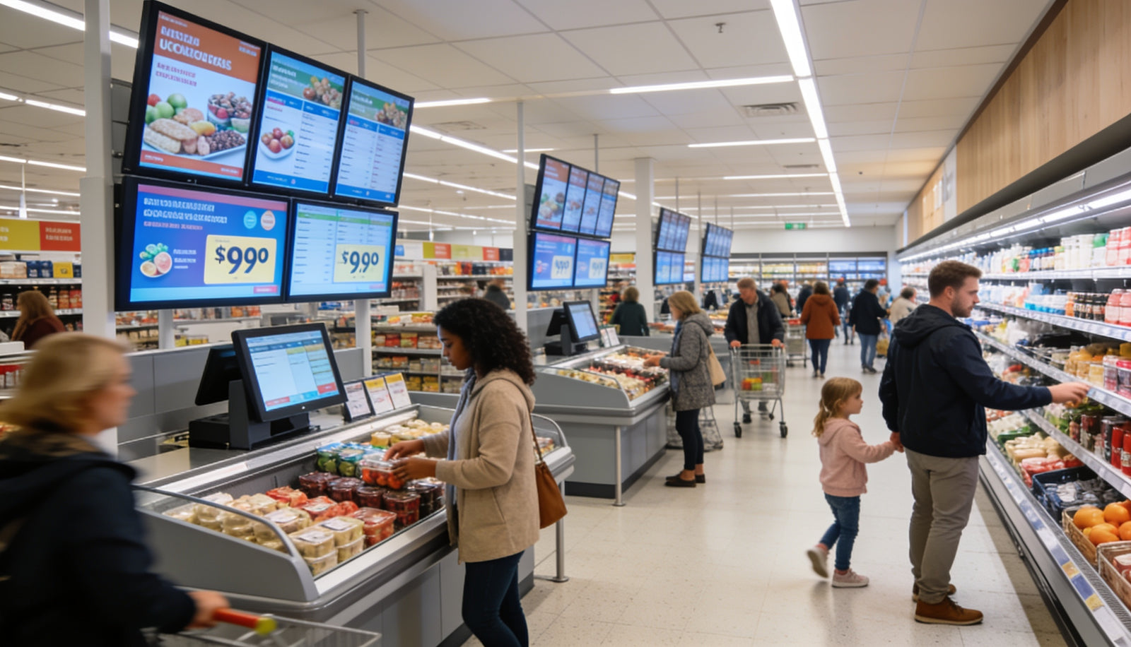 UK supermarket with digital signage screens displaying promotions and pricing on aisles