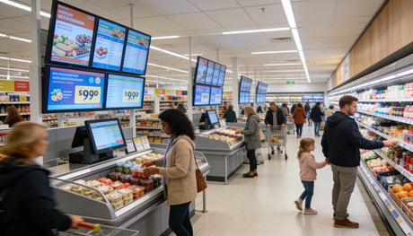 UK supermarket with digital signage screens displaying promotions and pricing on aisles