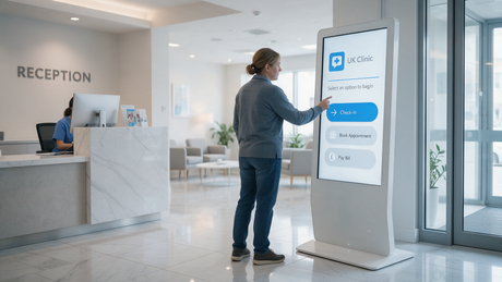 Modern UK clinic reception with a self-service check-in touch kiosk standing near the entrance