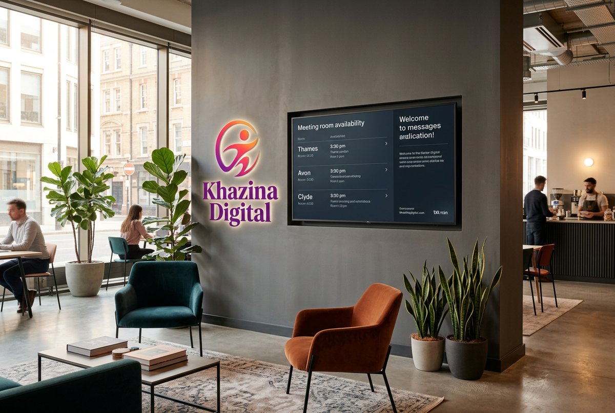 Digital signage screen in a UK co-working office lounge