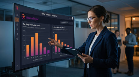 Retail analyst reviewing anonymous audience insights dashboard, Khazina Digital