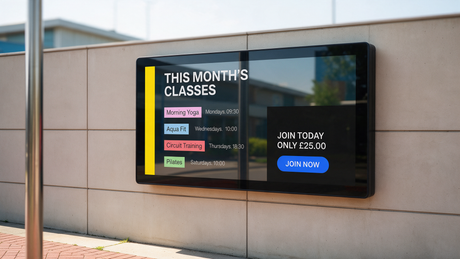 UK leisure centre or gym exterior wall with a weatherproof outdoor digital advertising display showing class schedules and membership offers