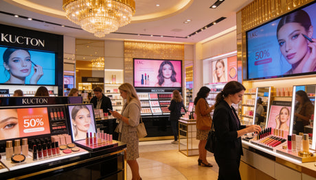 UK beauty cosmetics retail store with digital signage displaying brand campaigns and makeup tutorials
