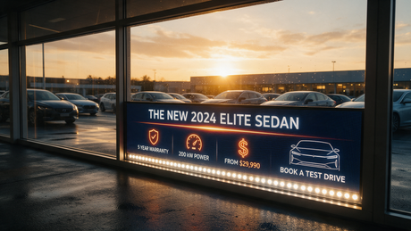 Car dealership forecourt window at golden hour with a bright LED window display showing a new model promotion
