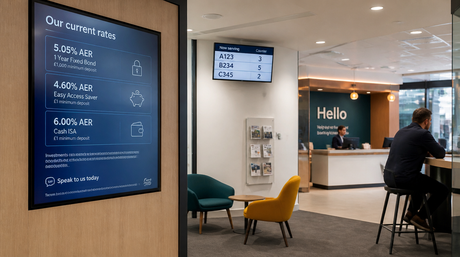 UK bank branch interior with digital signage screens showing interest rates and financial products