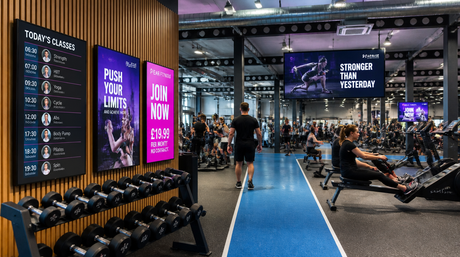 UK gym interior with large digital signage screens showing class schedules and motivational content