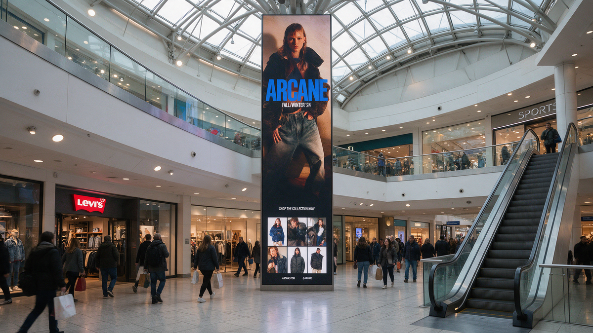 Modern UK shopping centre interior with a tall pillar wrapped by an ultra-wide vertical stretched digital display showing a brand campaign