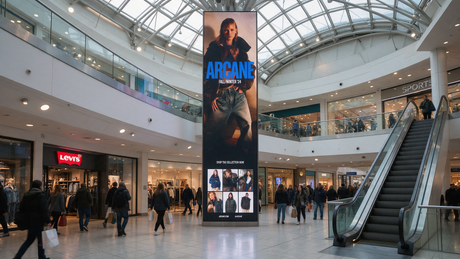 Modern UK shopping centre interior with a tall pillar wrapped by an ultra-wide vertical stretched digital display showing a brand campaign