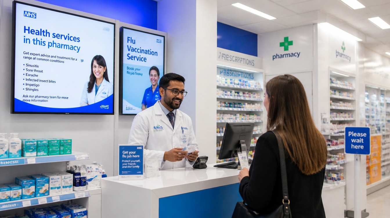 Modern UK pharmacy with digital signage screens displaying health promotions and NHS services