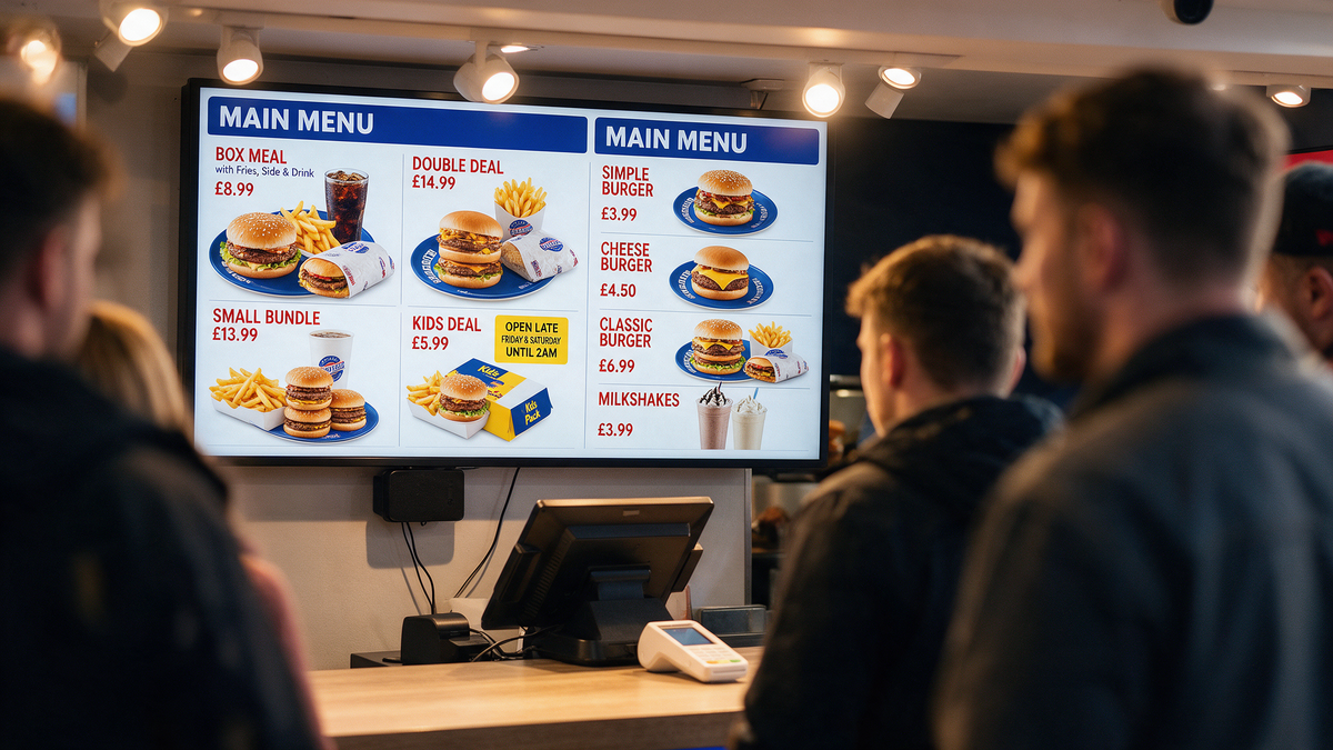 Busy UK quick-service takeaway counter with a bright digital menu board above the till