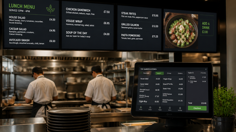 Restaurant kitchen POS system connected to digital menu board UK KhazinaDigital