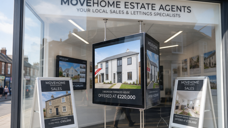 Modern UK estate agency shop window with a double-sided hanging digital display showing property listings