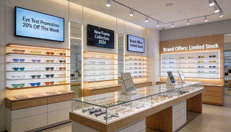 Modern UK optician store with digital screens displaying eye test promotions and eyewear collections