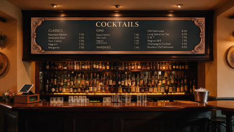 Traditional UK pub bar with an ultra-wide stretched digital menu board above the bar