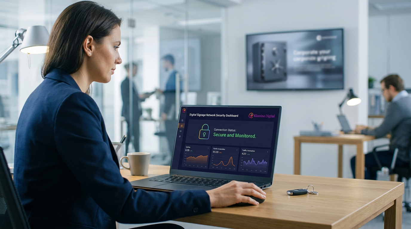IT manager reviewing digital signage network security dashboard, Khazina Digital