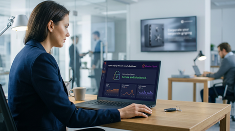 IT manager reviewing digital signage network security dashboard, Khazina Digital