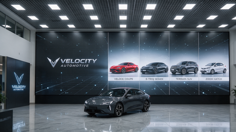 Car dealership brand wall inside a showroom with a large seamless indoor LED video wall showing the dealership's logo and current model lineup