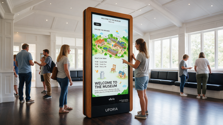UK museum or visitor attraction lobby with an outdoor-rated interactive multi-touch totem screen