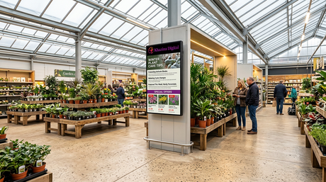 Garden centre interior with digital signage screen showing plant care tips