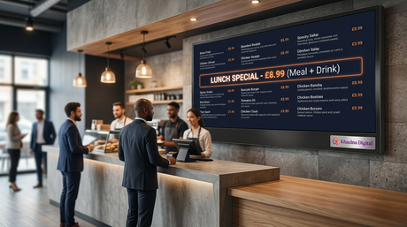 AI-driven dynamic menu pricing digital menu board in a UK quick-service restaurant, Khazina Digital