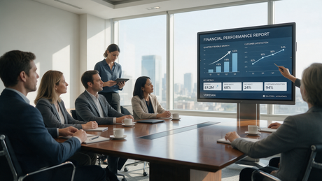 Modern UK solicitors or accountants boardroom with a large interactive touch display screen