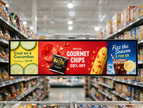 UK supermarket retail gantry above a shelf aisle with an ultra-wide stretched bar digital display showing a product promotion