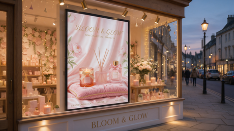 Independent boutique shop window at dusk with a glowing digital display