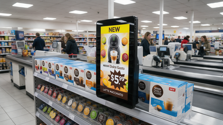 UK supermarket shelf edge with a small POS digital advertising display
